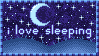 stamp that says 'i love sleeping on it' there's a moon and blinking stars in the background
